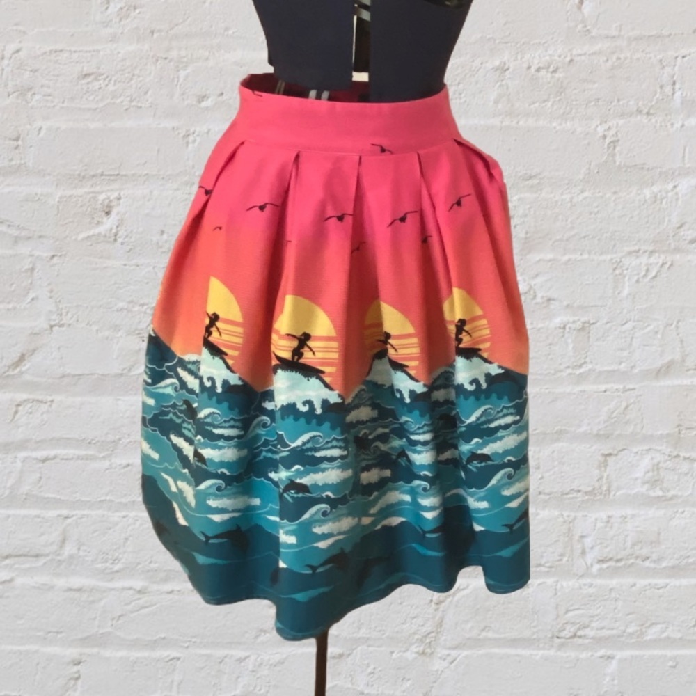 Relipop Pink Surfer Girl A-line Pleated Above Knee Cotton Mini Skirt